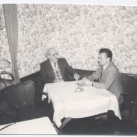 Meeting between Thomas Blatt and SS officer, and Commandant of Sobibor Karl Frenzel. Germany, 1983.