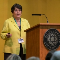 Agi, sharing her story as a member of the Holocaust Center's Speakers Bureau, Pacific Lutheran University, Tacoma, 2016.