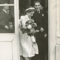 Laureen and Rudi's wedding, pictured with sisters and Otto Frank at the left, 1947.