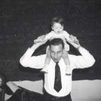Ada's husband with their daughter Ine-Marie on his shoulders,1948.